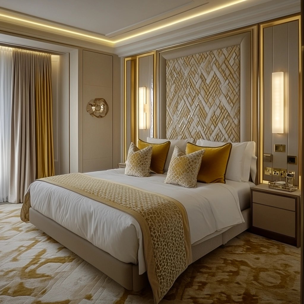 beige and mustard bedroom 43