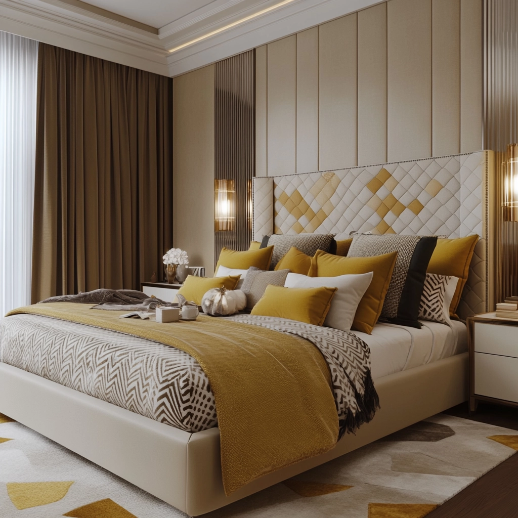 beige and mustard bedroom 44