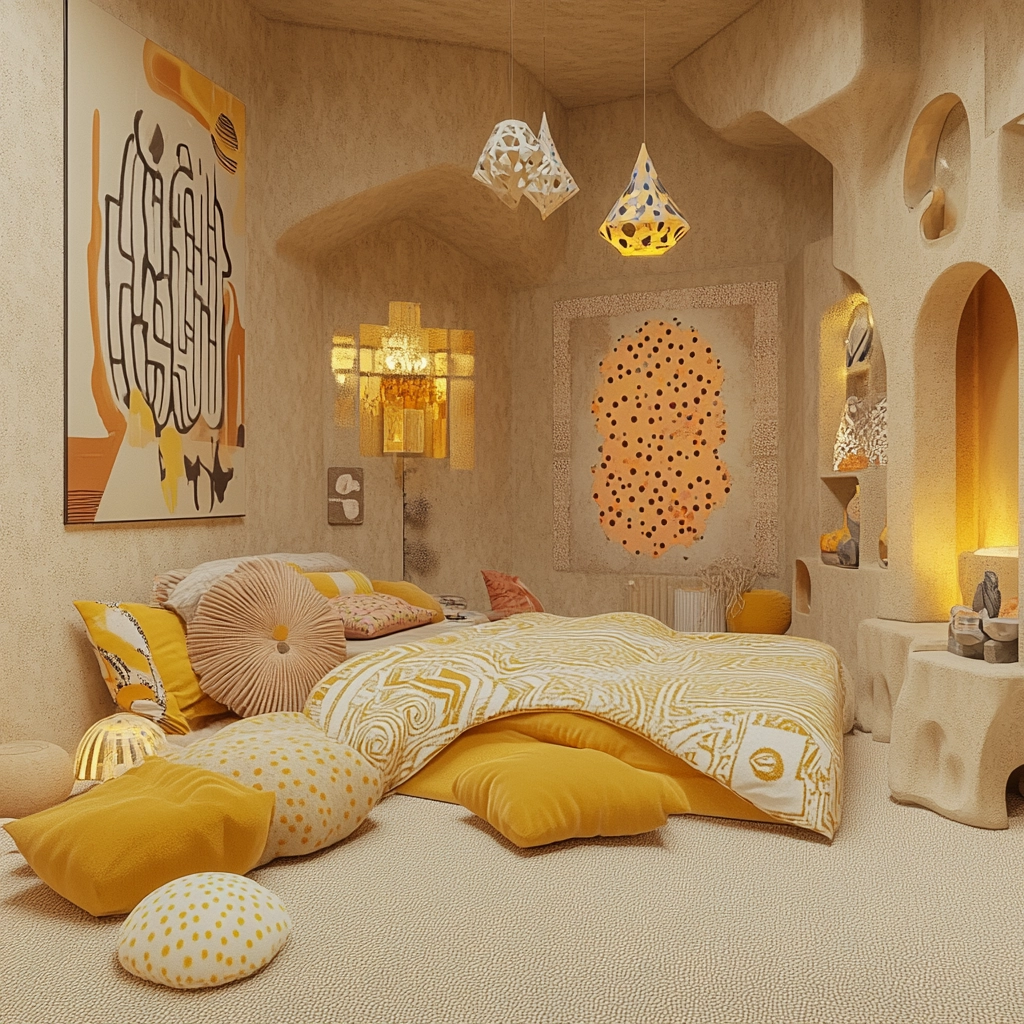 beige and mustard bedroom 63