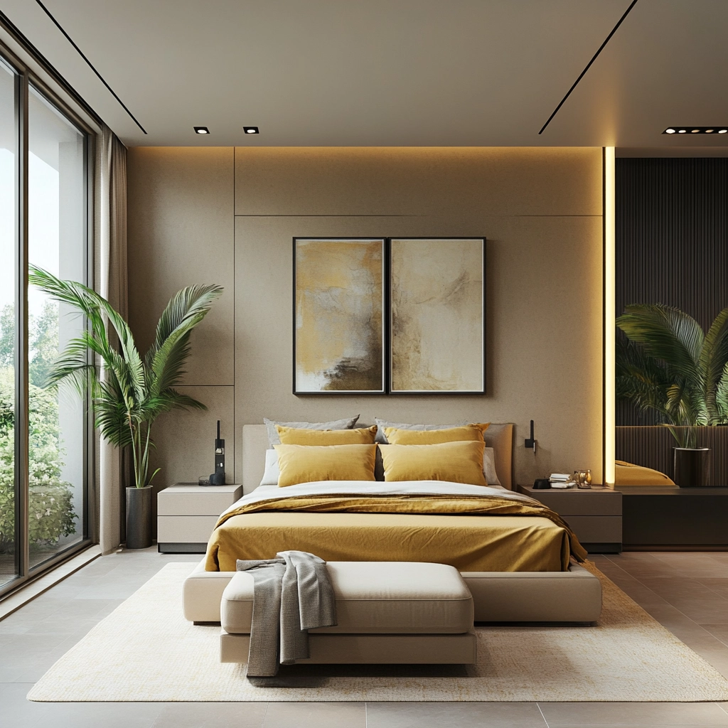 beige and mustard bedroom 67
