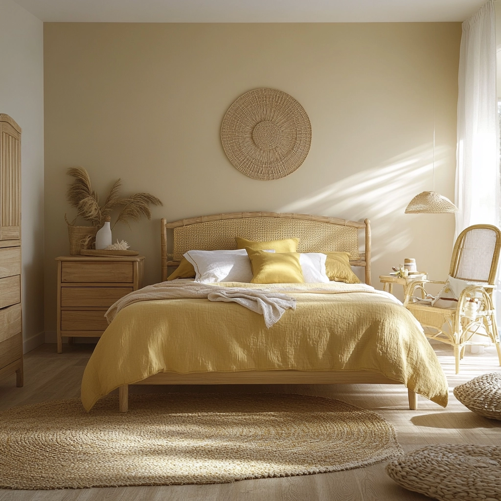 beige and mustard bedroom 73