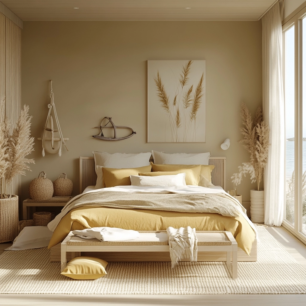 beige and mustard bedroom 76