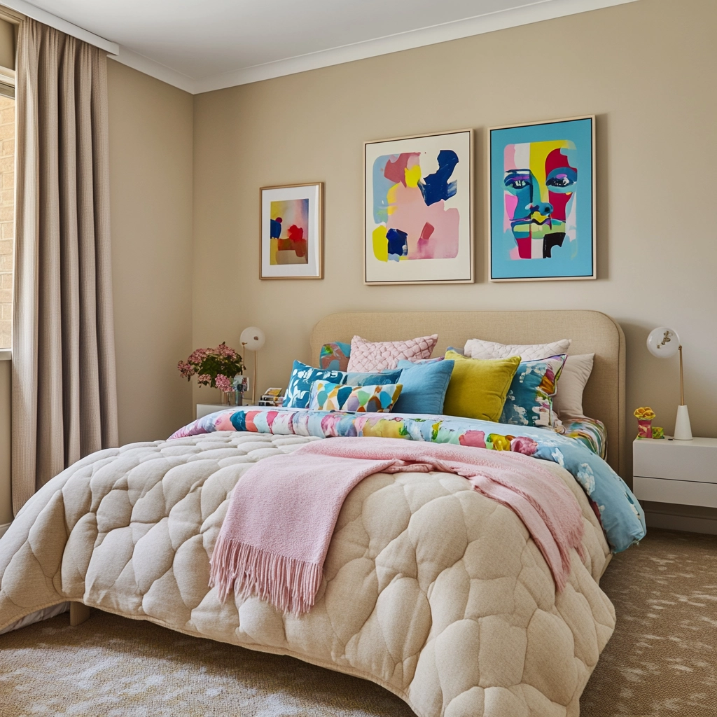 beige and pastel bedroom 45