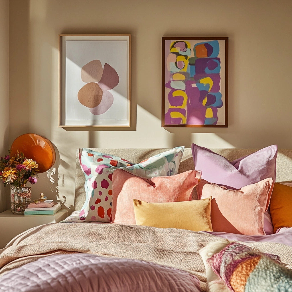 beige and pastel bedroom 48