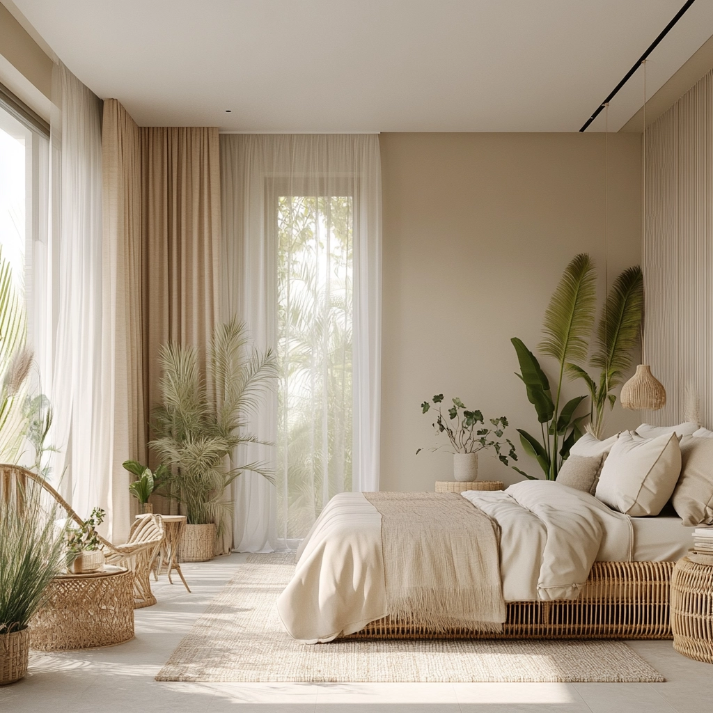 beige bedroom with plants 12