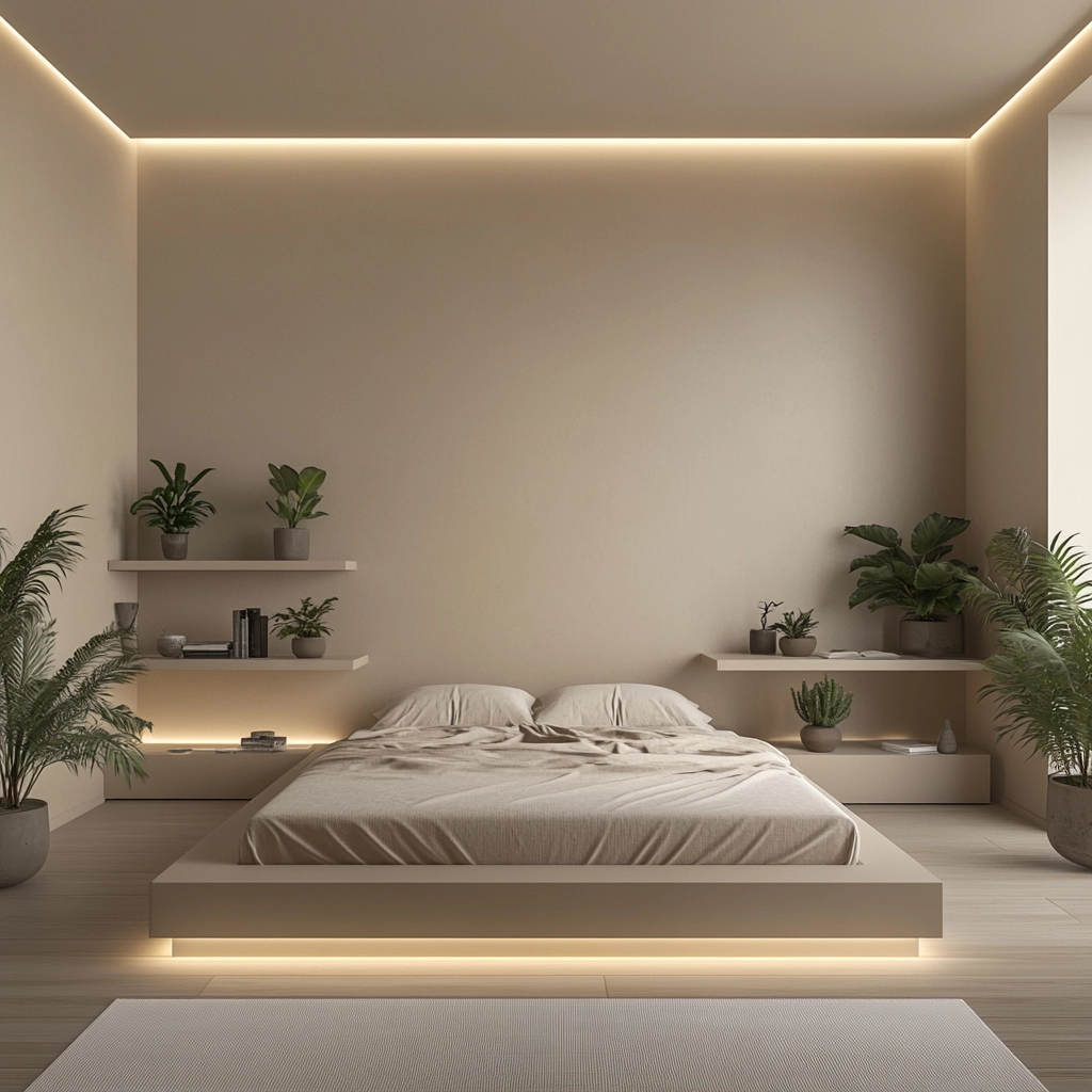 beige bedroom with plants 13