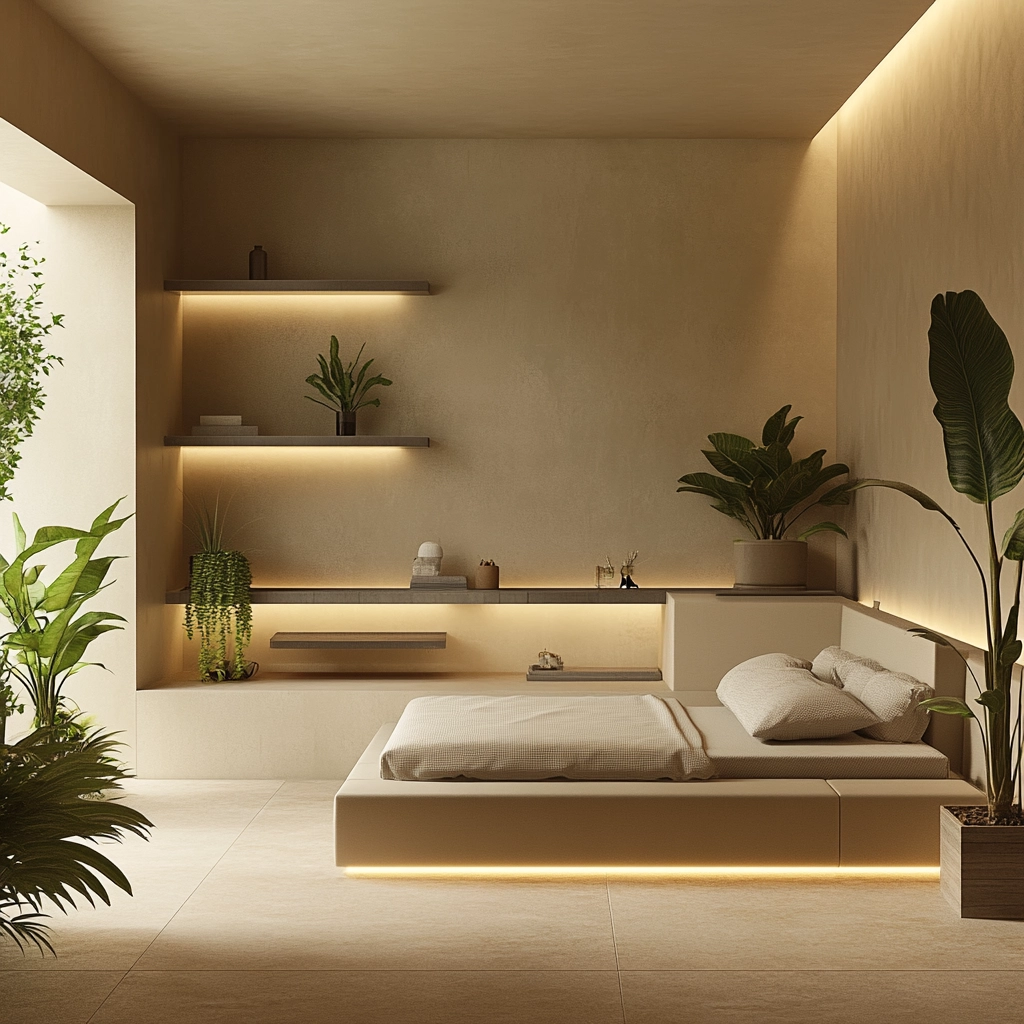 beige bedroom with plants 14