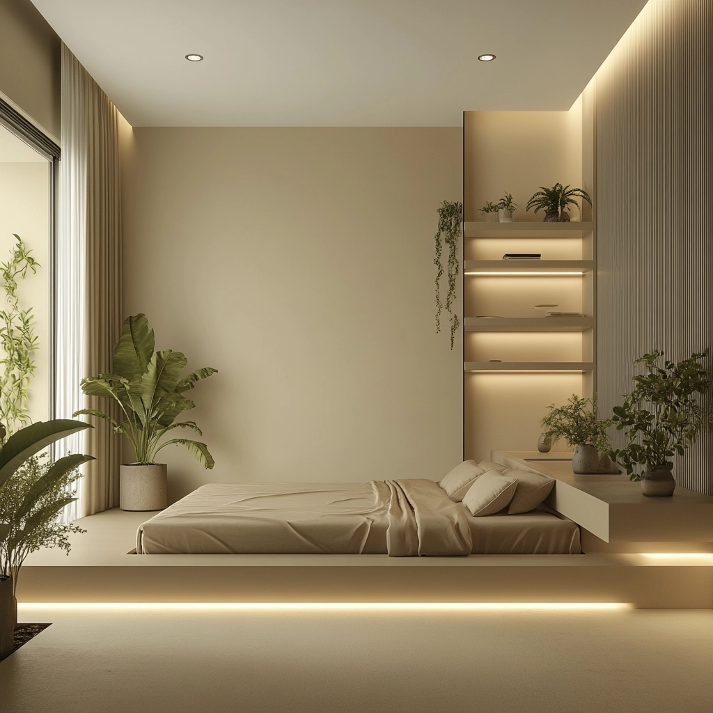 beige bedroom with plants 15
