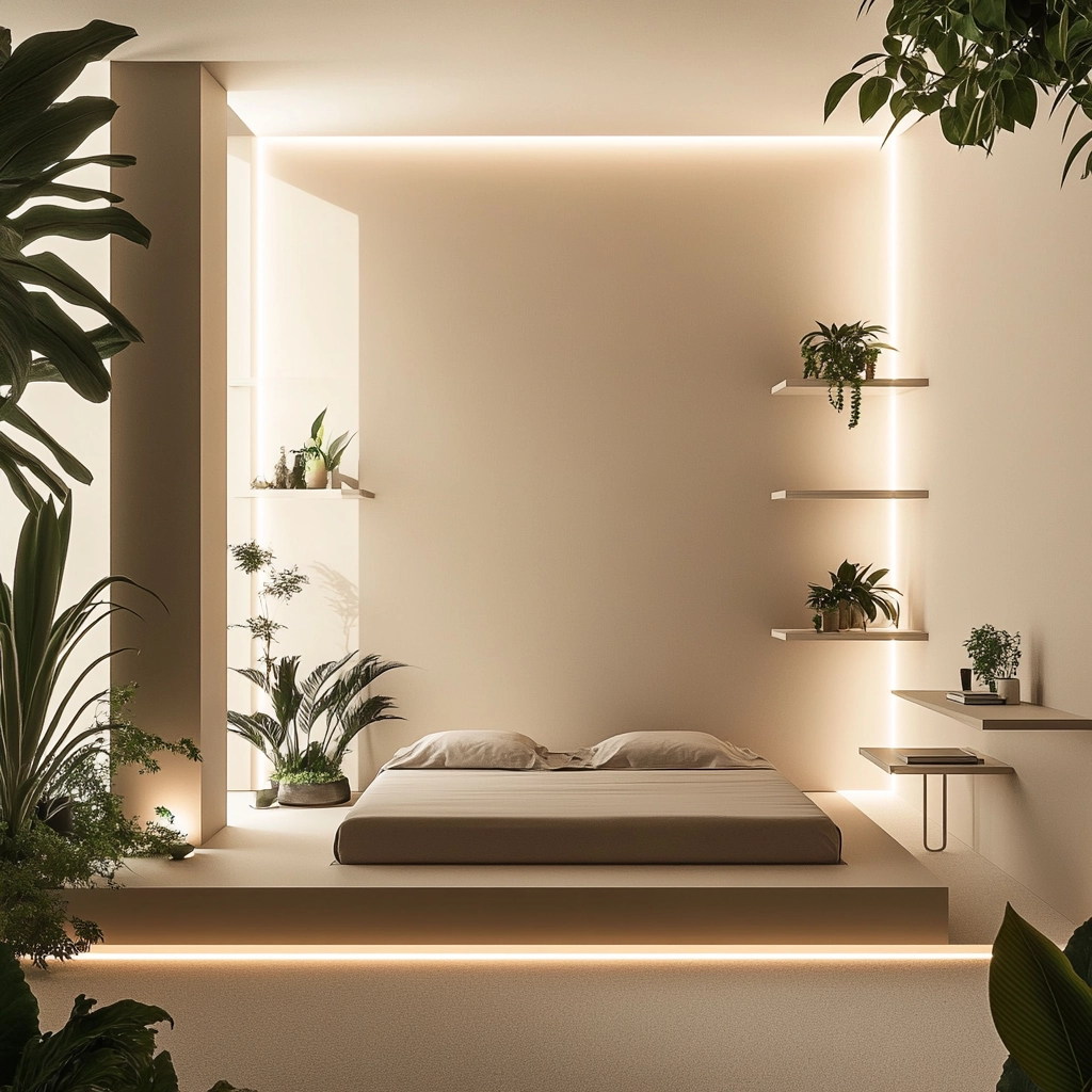beige bedroom with plants 16