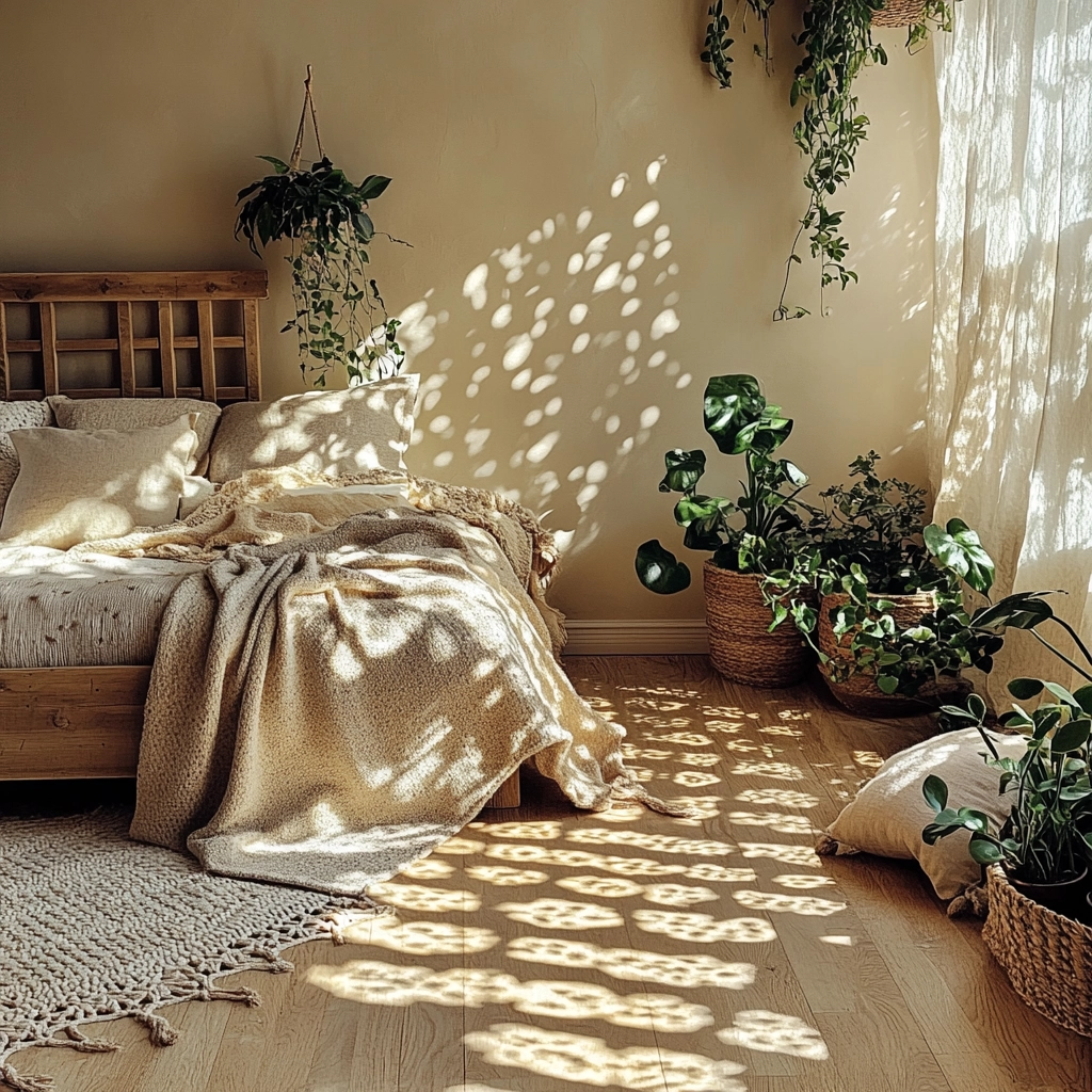 beige bedroom with plants 17