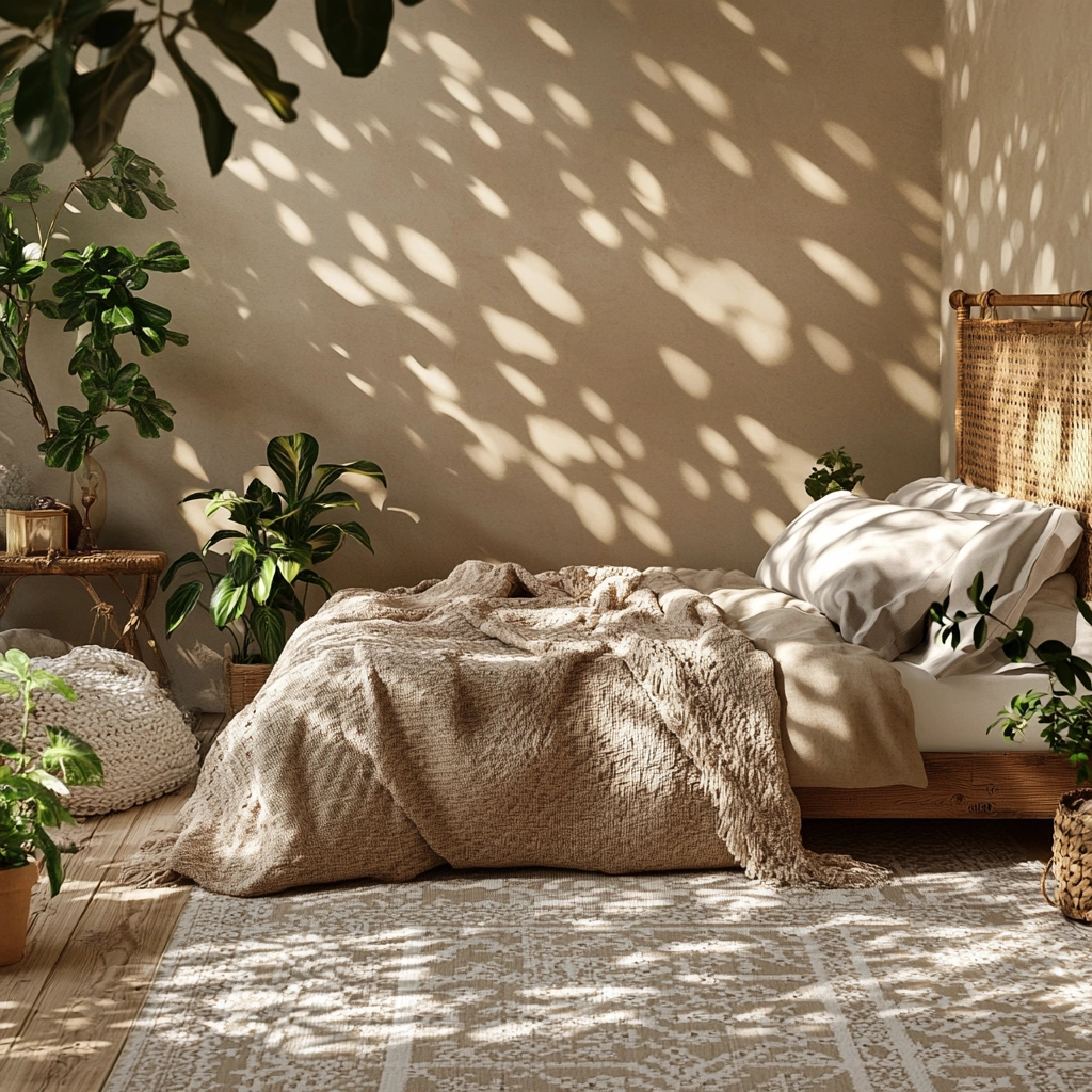beige bedroom with plants 18