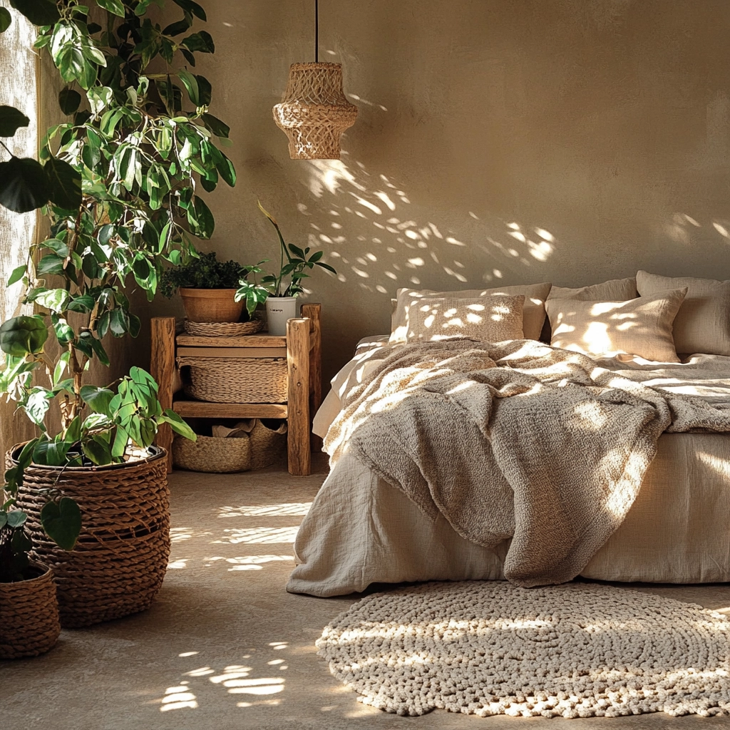 beige bedroom with plants 19