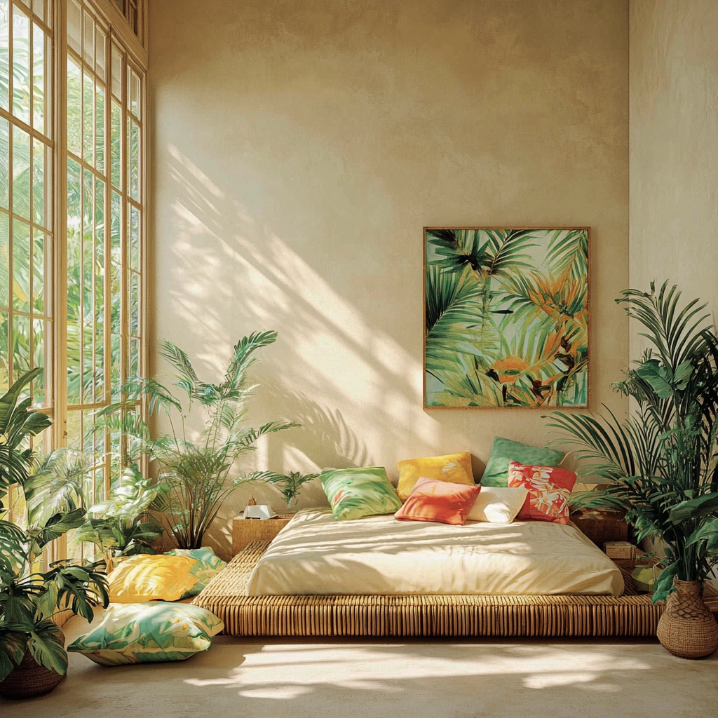 beige bedroom with plants 28