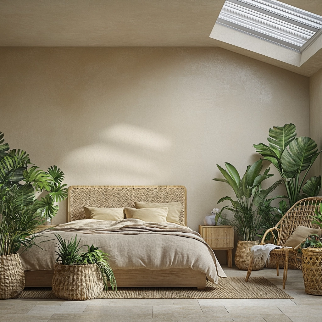 beige bedroom with plants 49