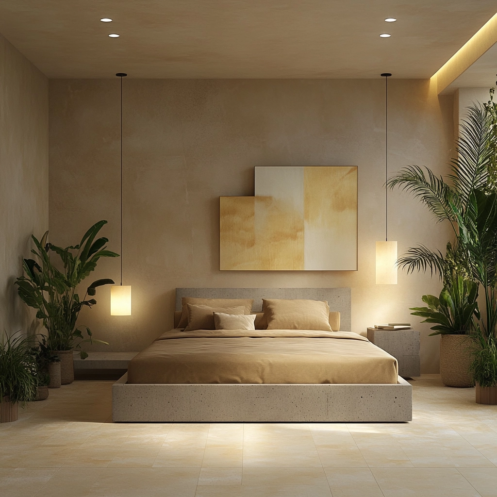beige bedroom with plants 53