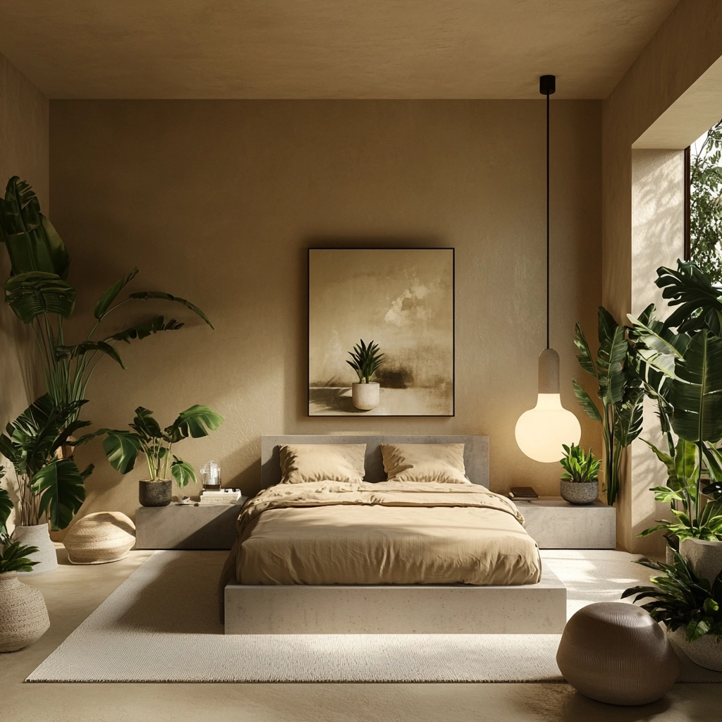 beige bedroom with plants 54