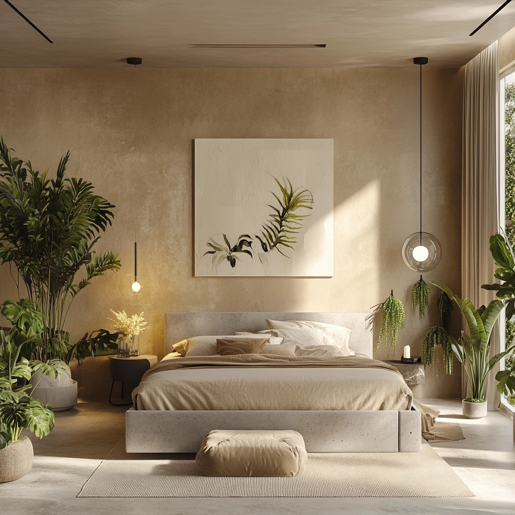beige bedroom with plants 55