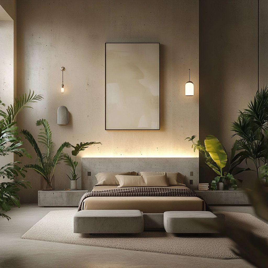 beige bedroom with plants 56