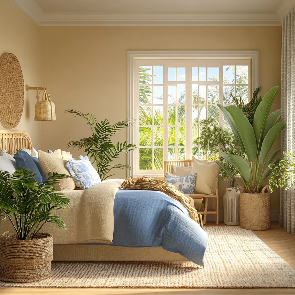 beige bedroom with plants 57