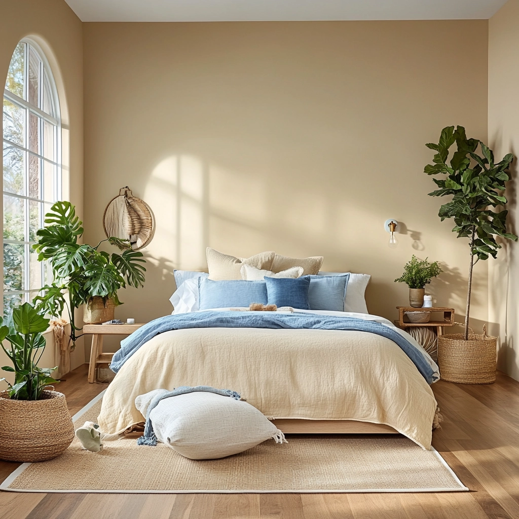 beige bedroom with plants 58
