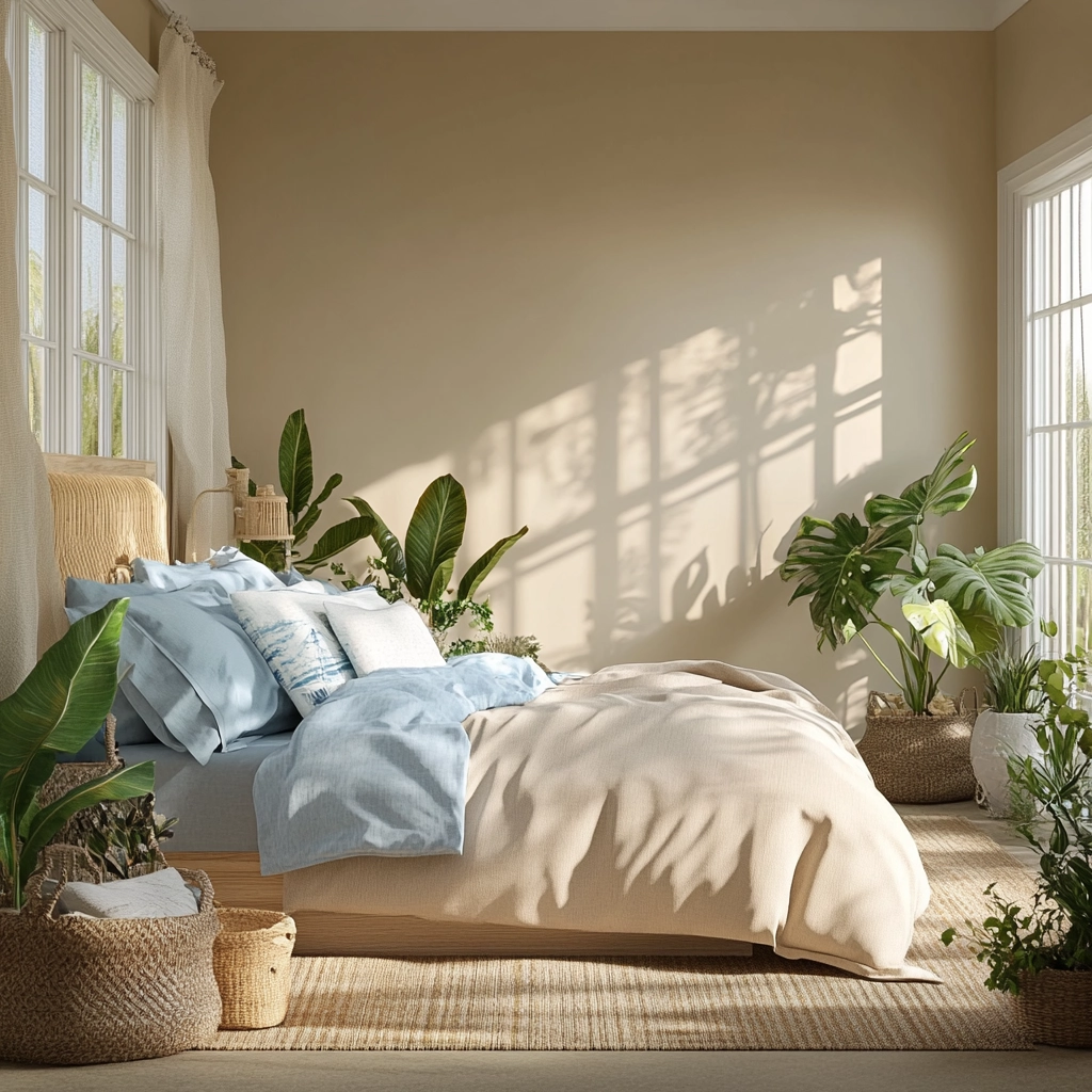 beige bedroom with plants 59