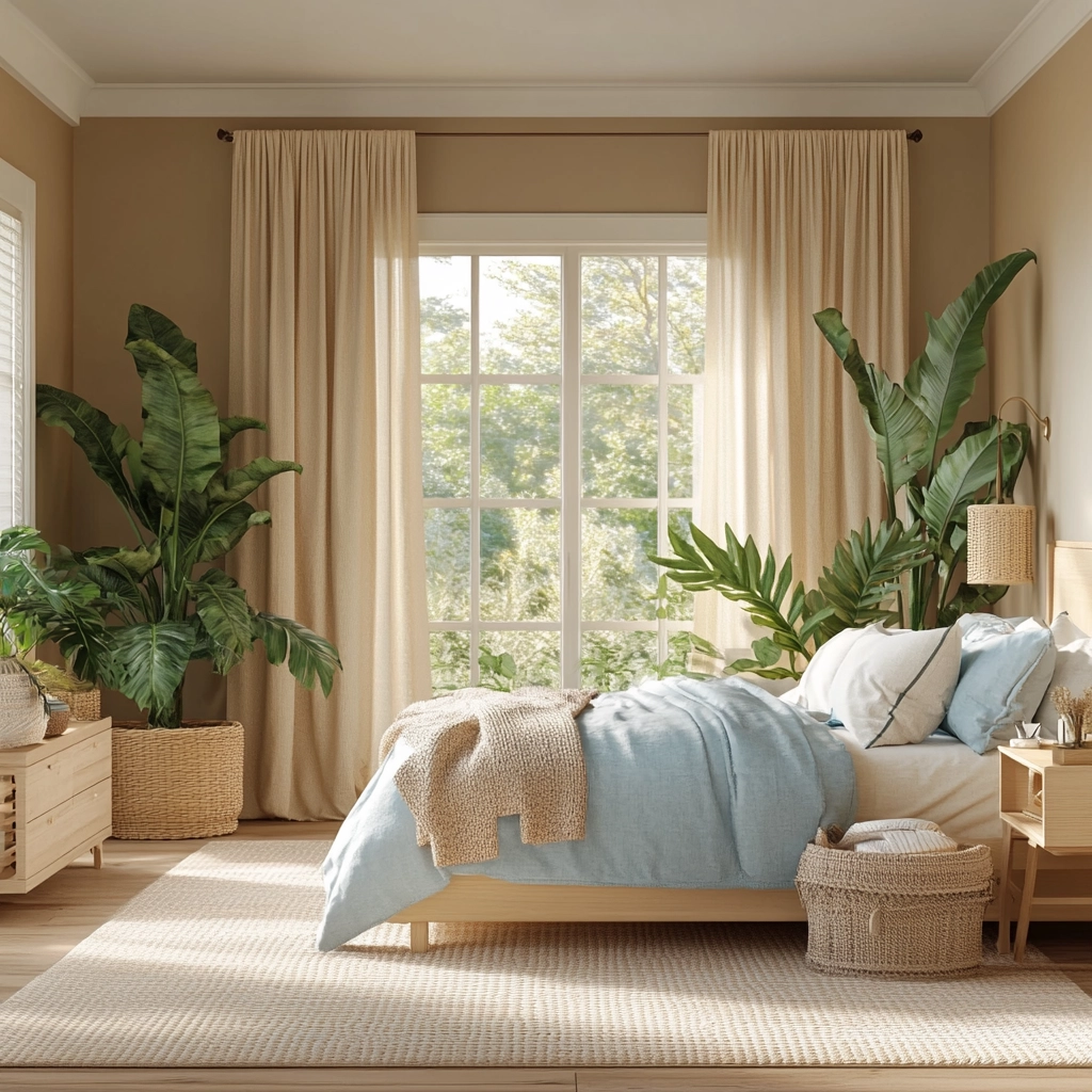 beige bedroom with plants 60