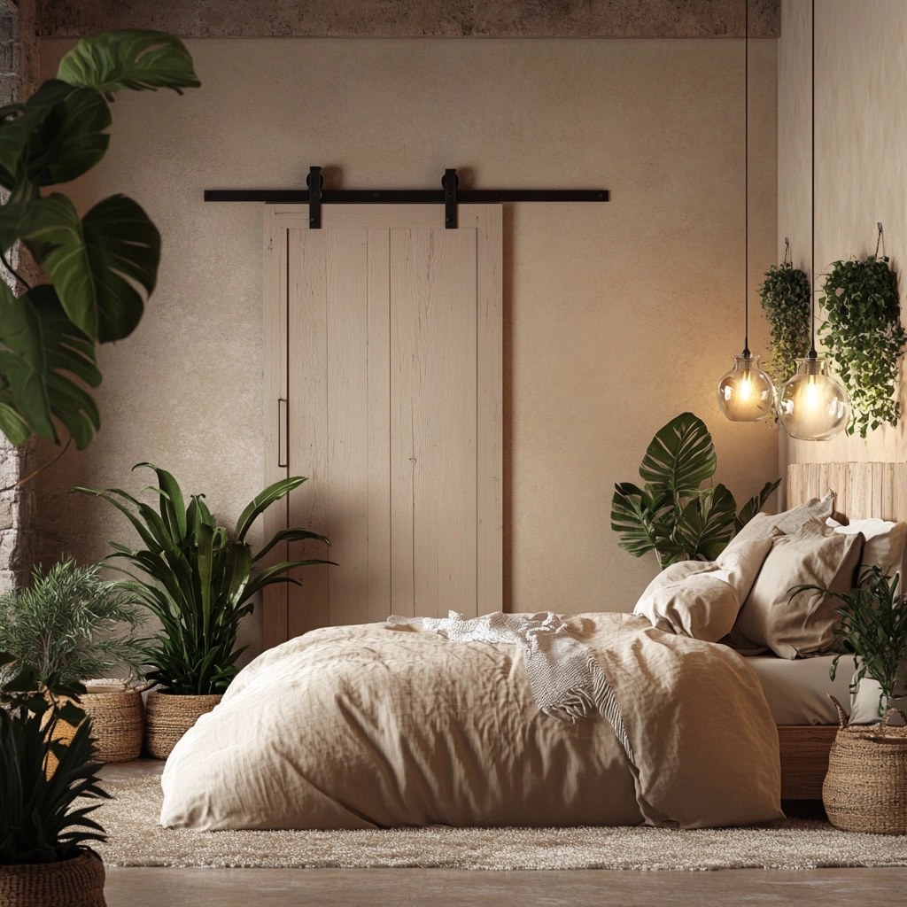 beige bedroom with plants 61