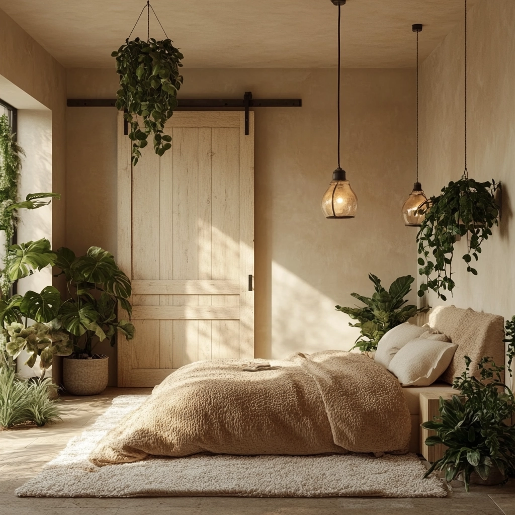beige bedroom with plants 62