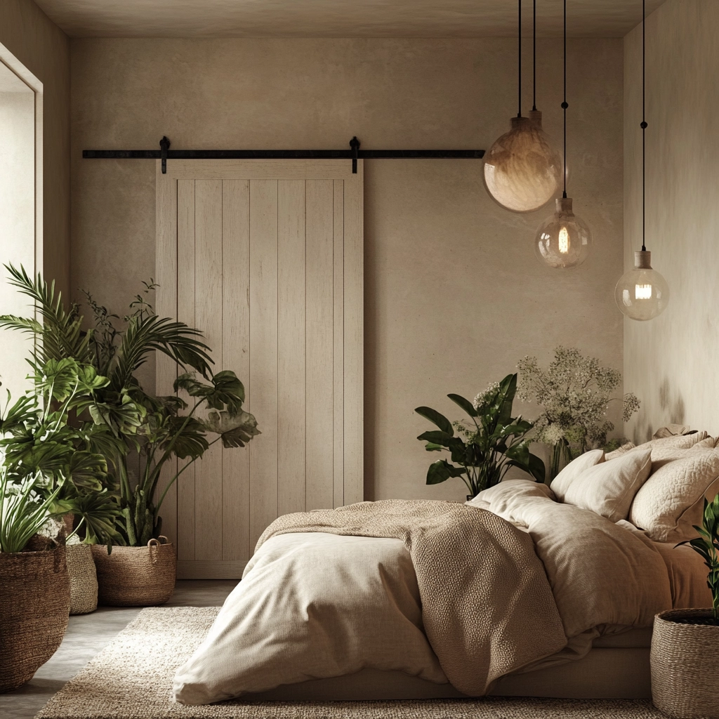 beige bedroom with plants 63