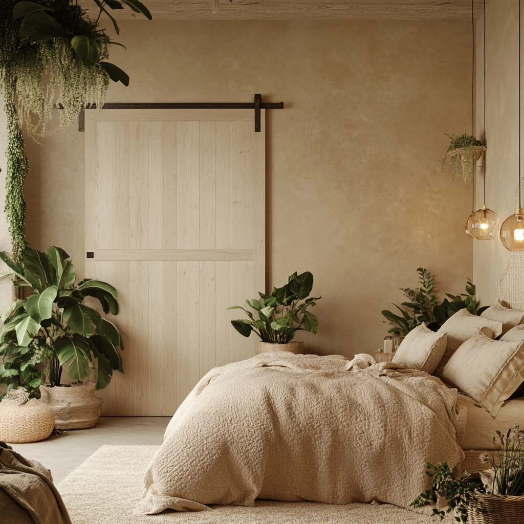 beige bedroom with plants 64