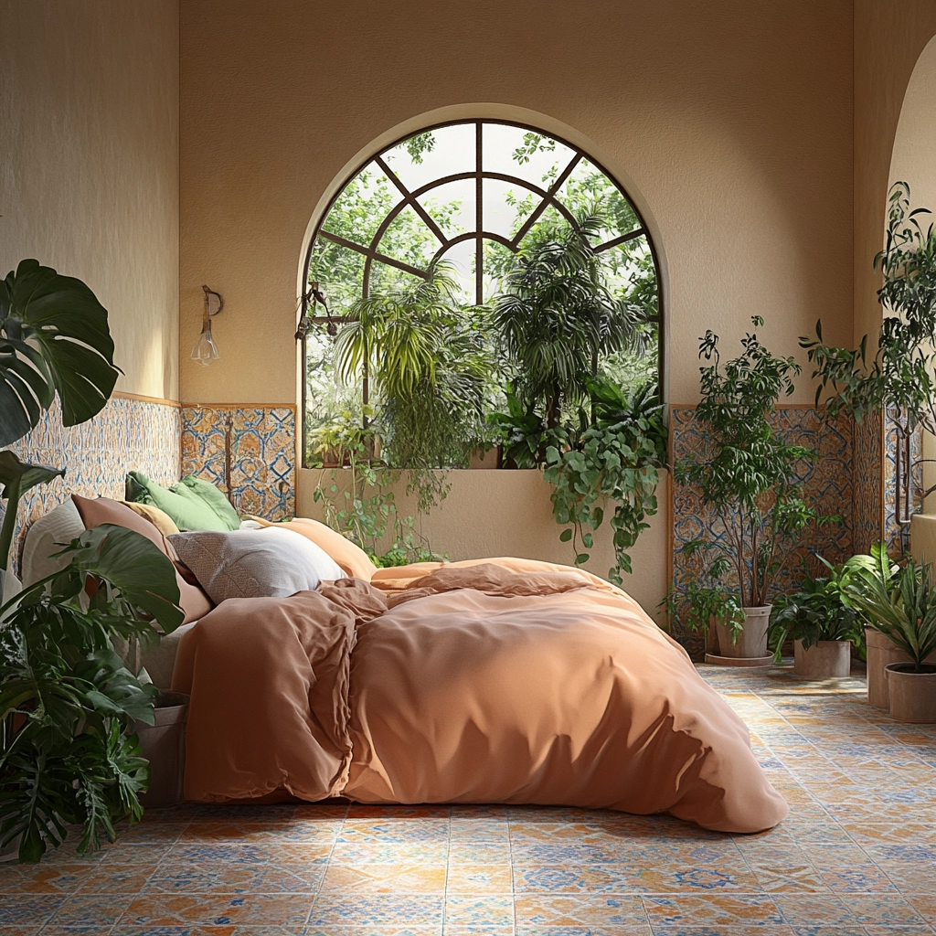 beige bedroom with plants 66