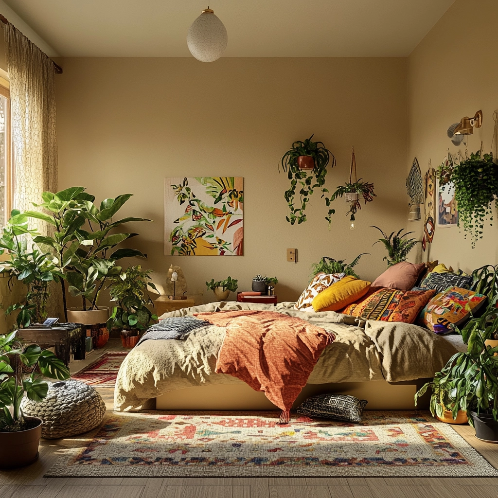 beige bedroom with plants 69
