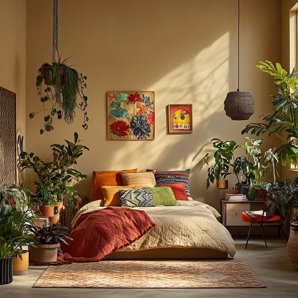 beige bedroom with plants 70