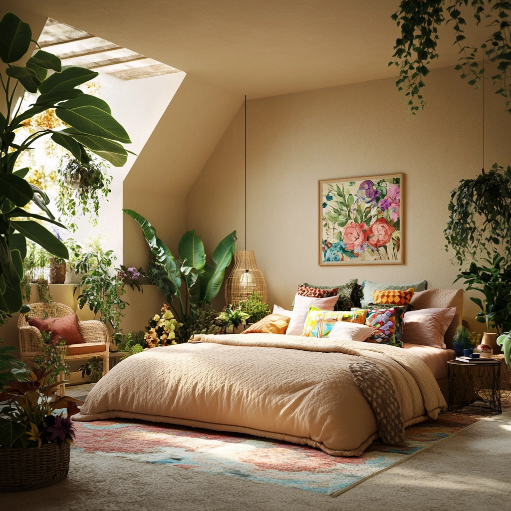 beige bedroom with plants 71