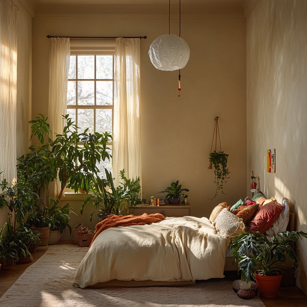 beige bedroom with plants 72