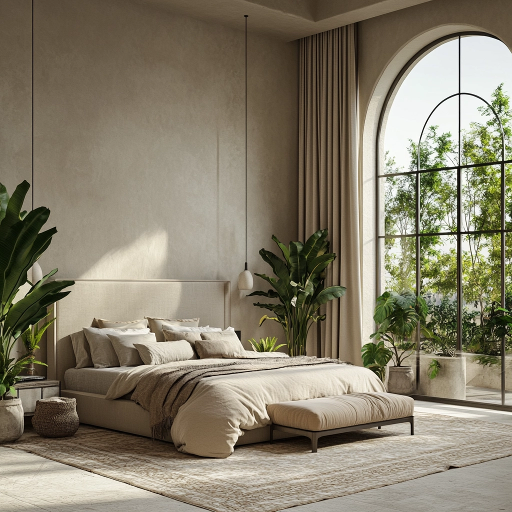 beige bedroom with plants 73