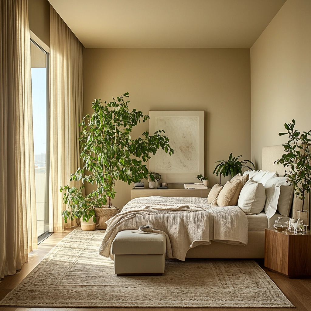 beige bedroom with plants 74