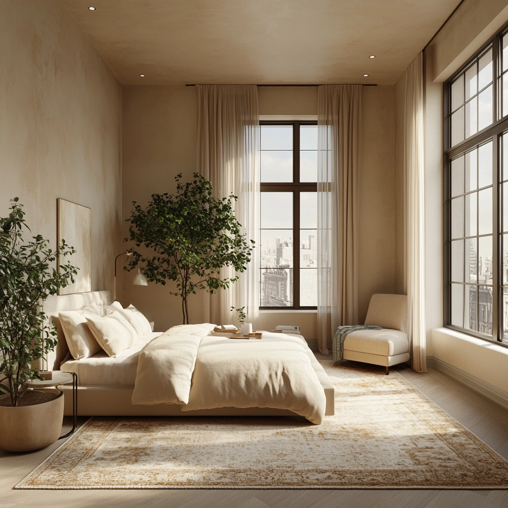 beige bedroom with plants 75