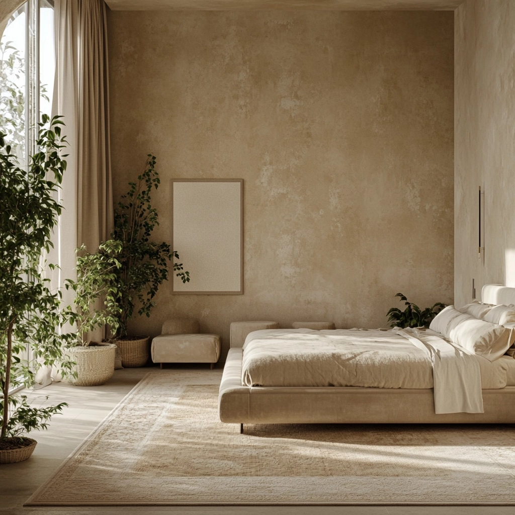 beige bedroom with plants 76