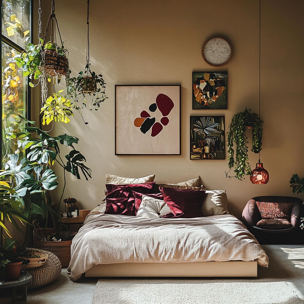beige bedroom with plants 77