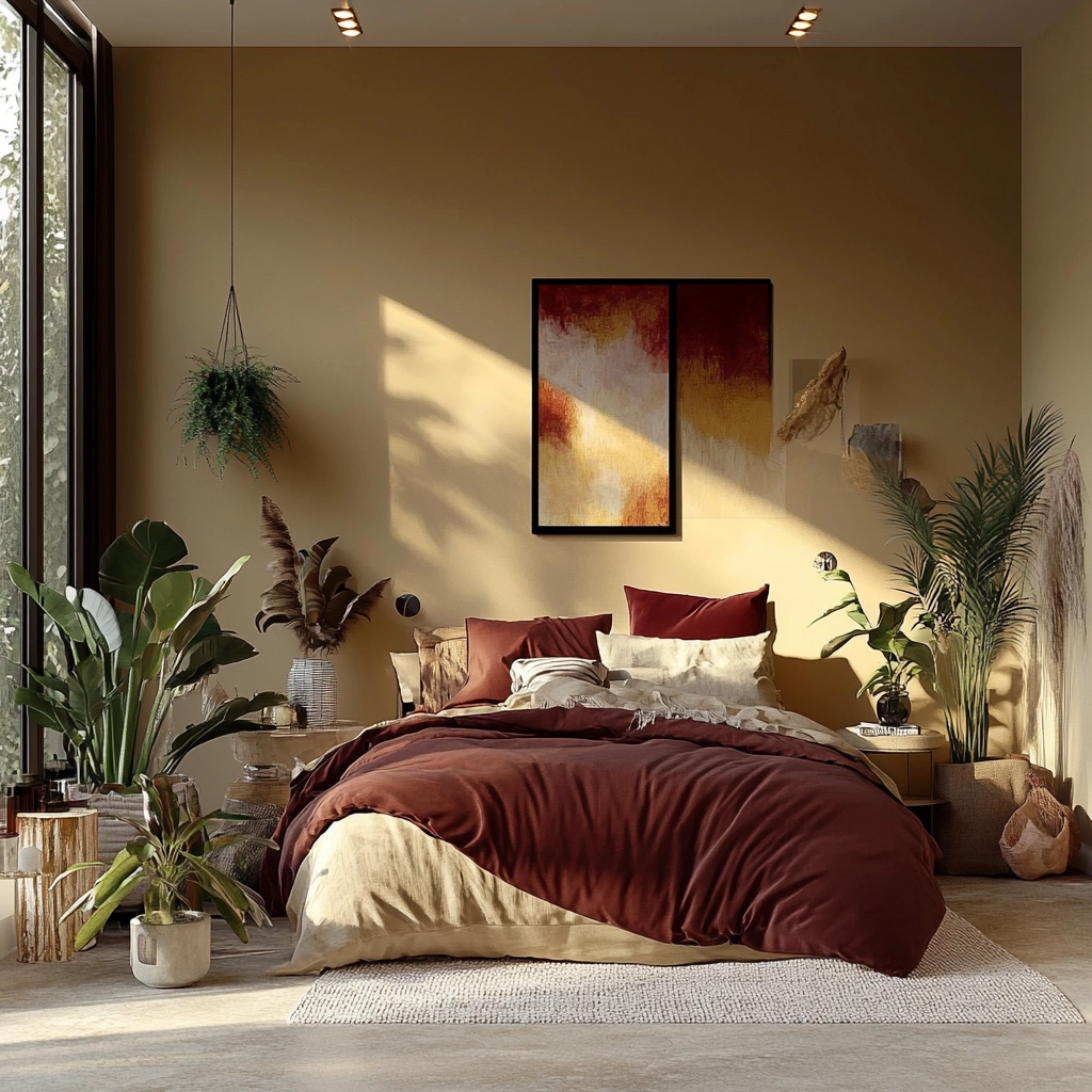 beige bedroom with plants 78