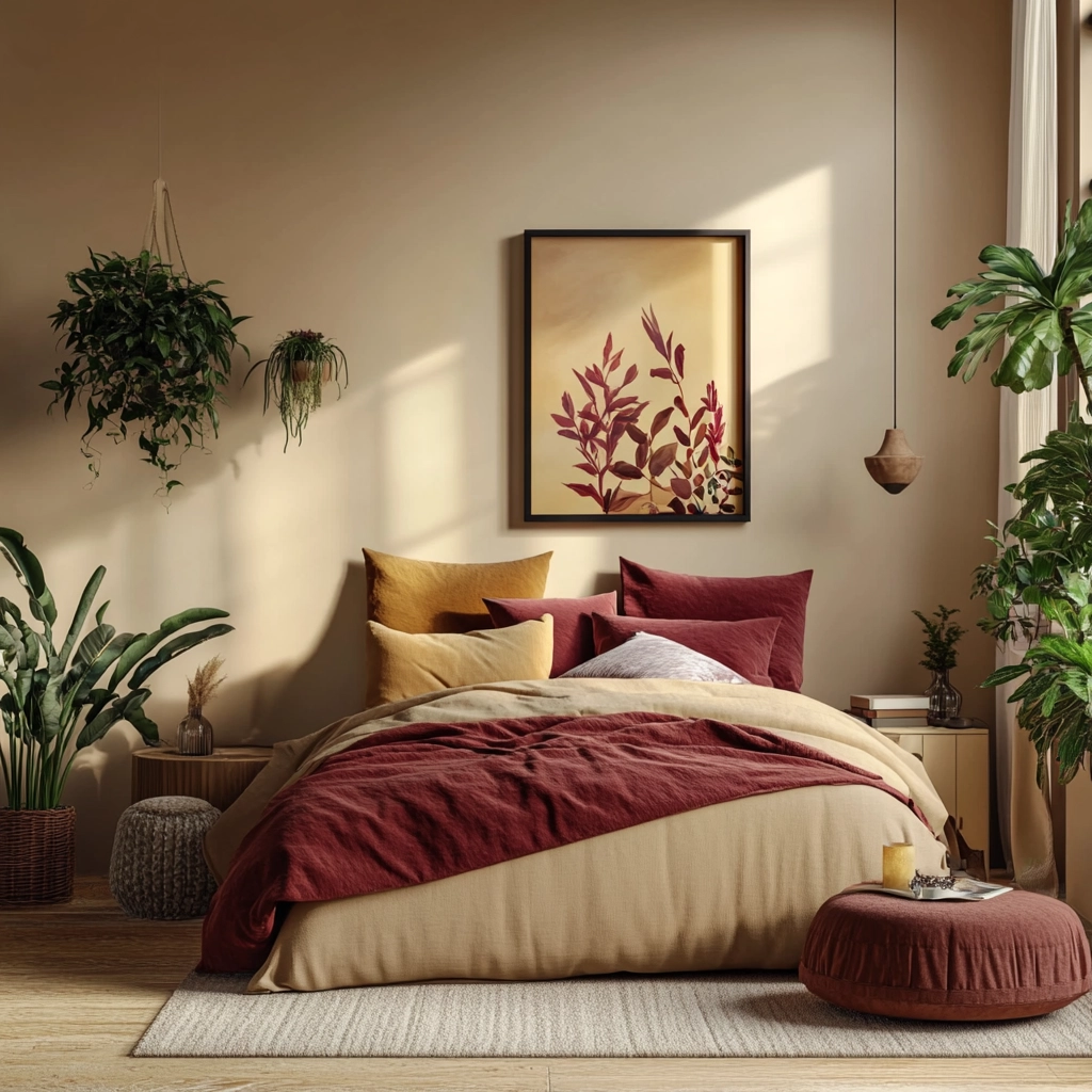 beige bedroom with plants 80