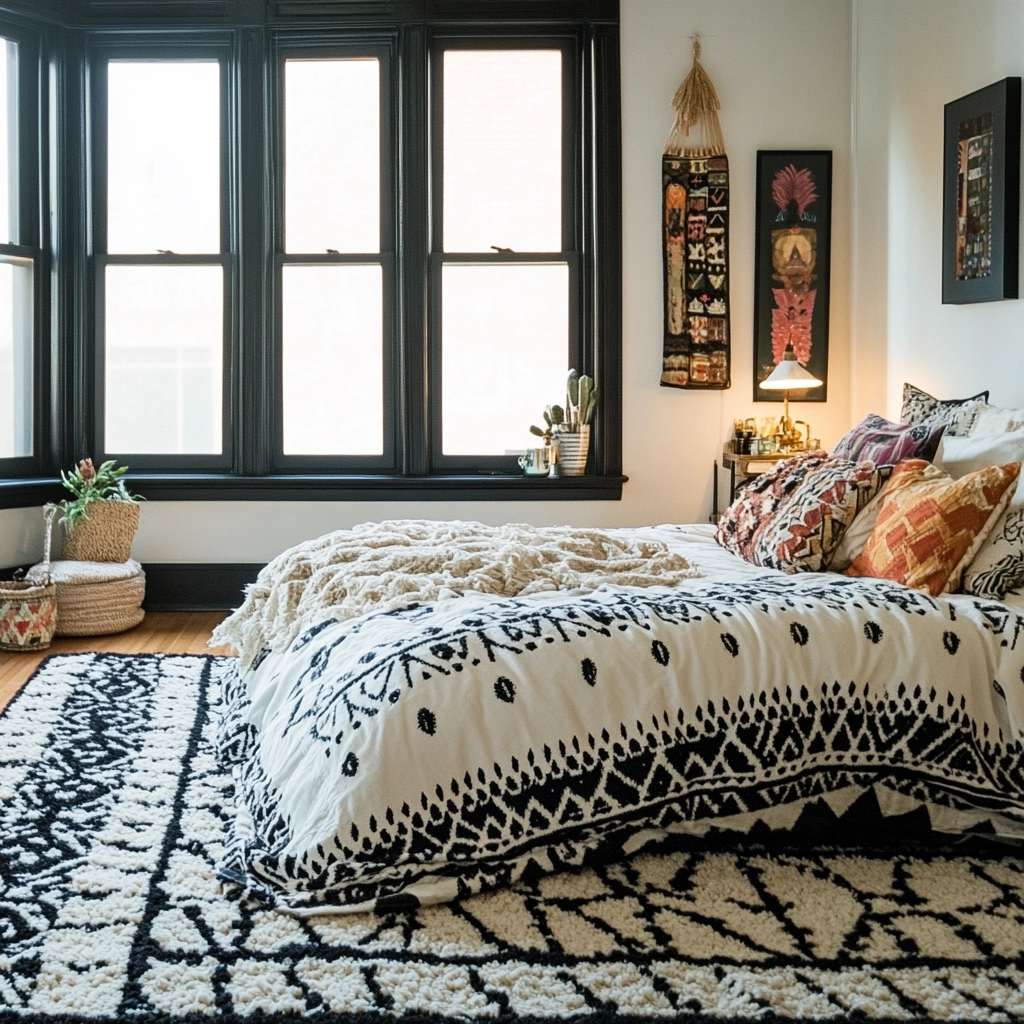 black and white rug bedroom 13