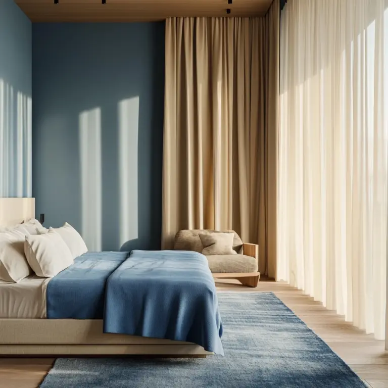 blue and beige bedroom 1