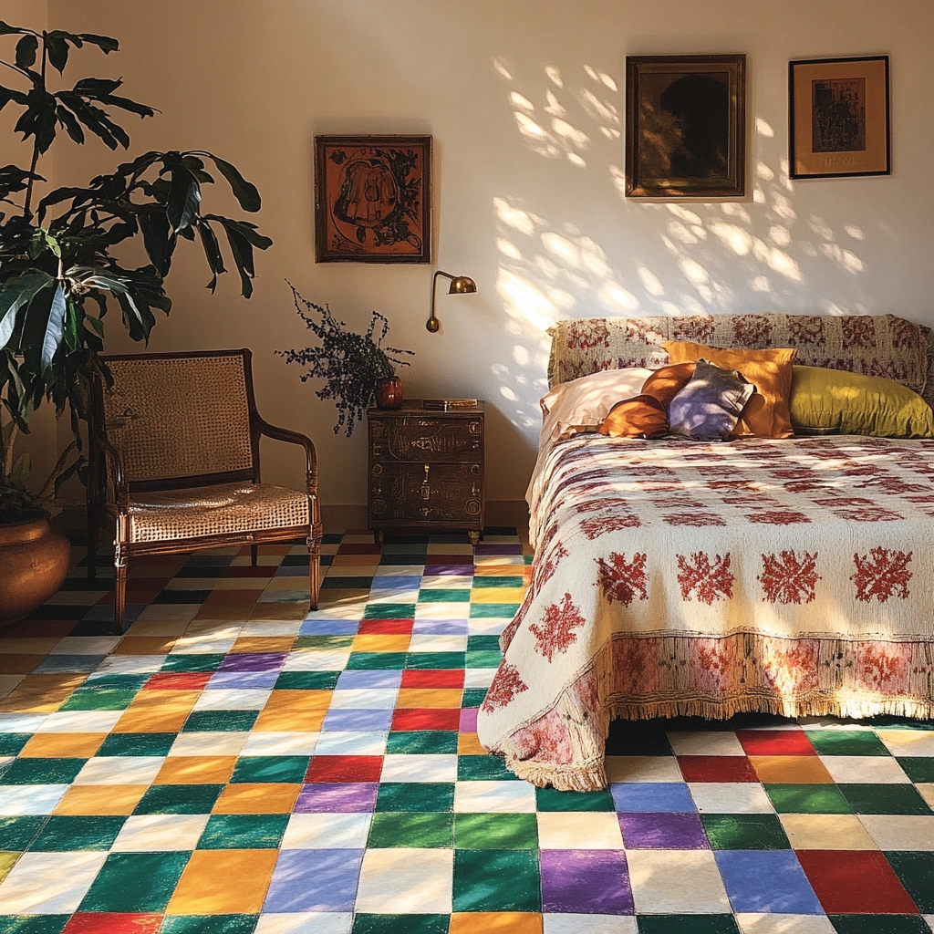 checkered carpet bedroom 15