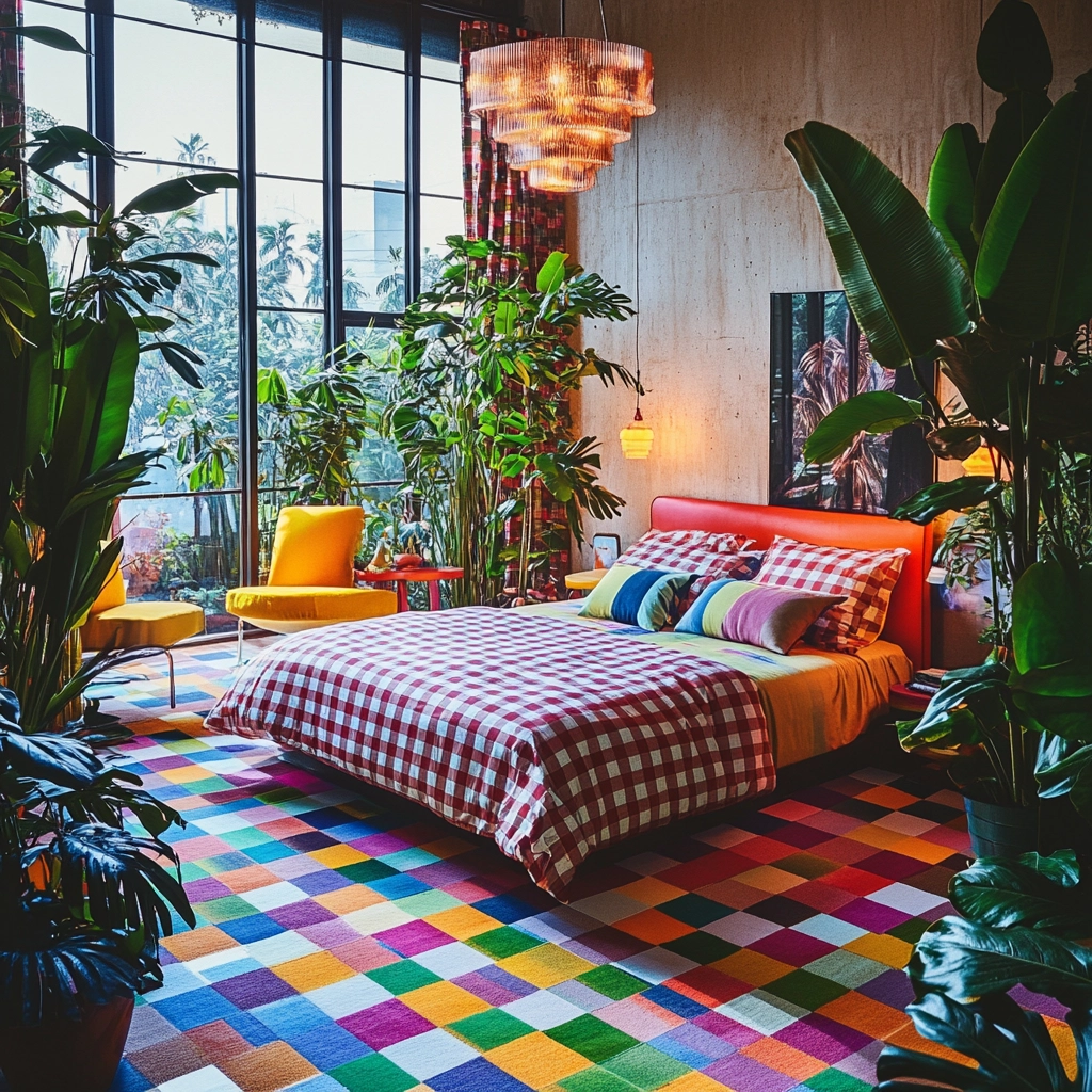 checkered carpet bedroom 34