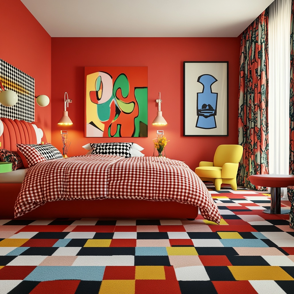 checkered carpet bedroom 80