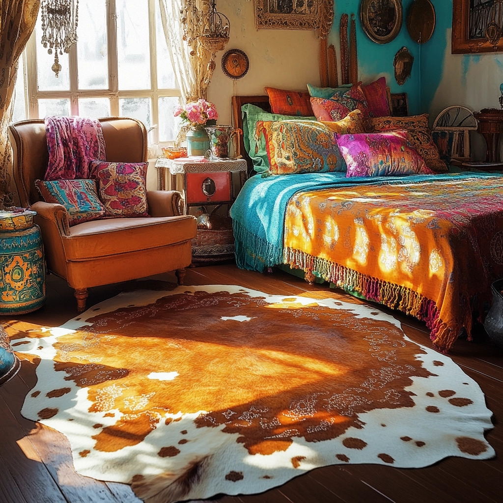cow hide rug bedroom ideas 16