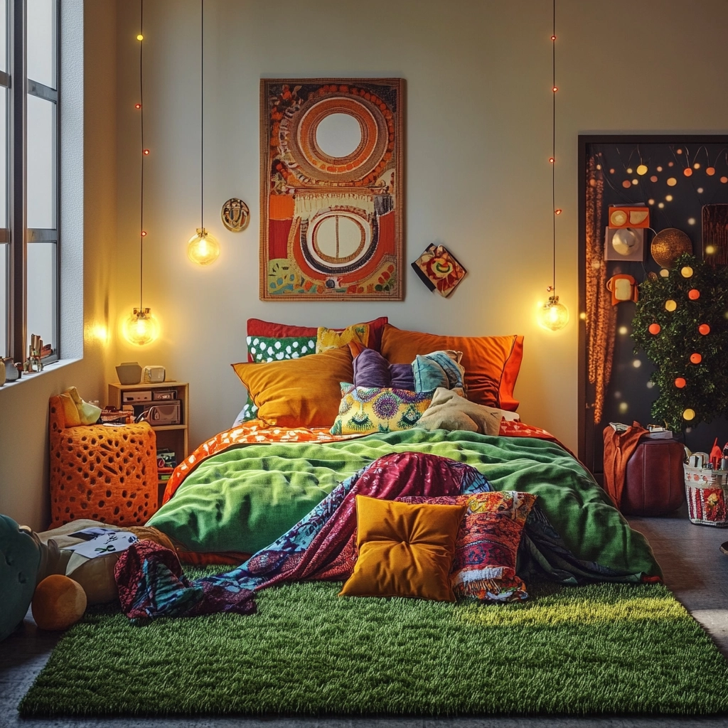 green rug bedroom aesthetic 37