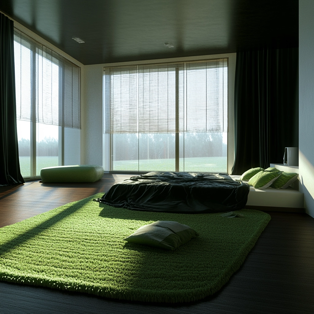 green rug bedroom aesthetic 44